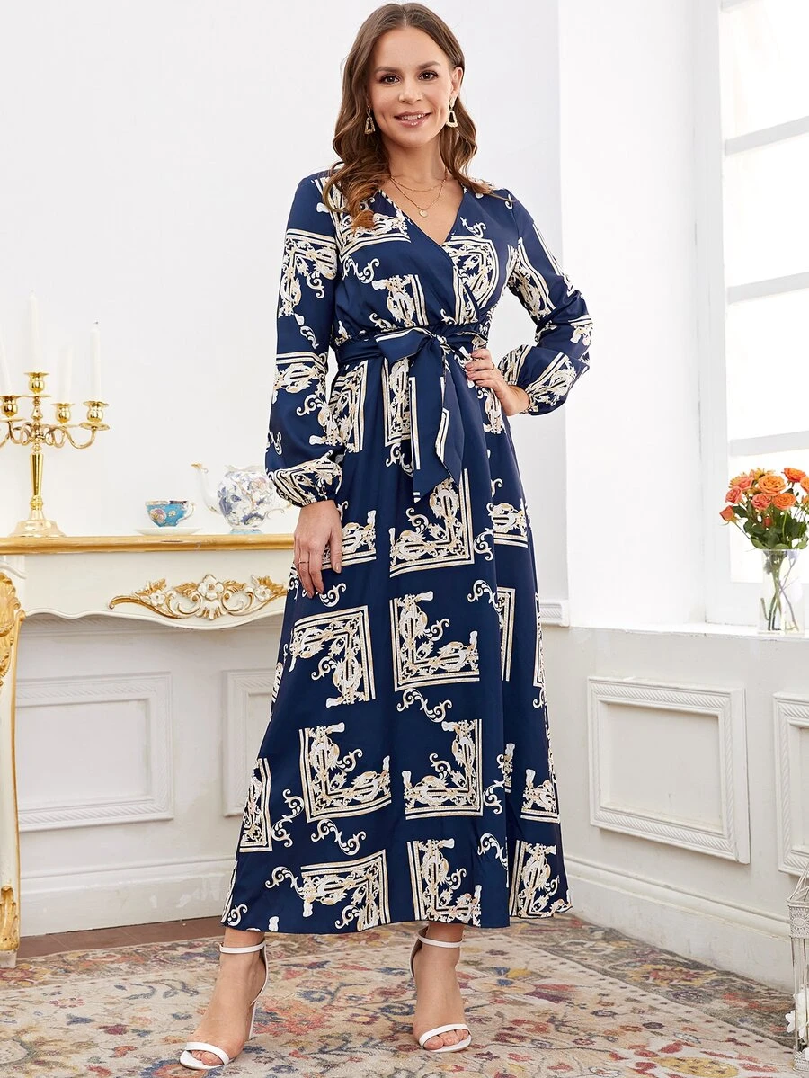 巴洛克風格圖案交疊領燈籠袖繫腰帶洋裝 - 藏蓝色 - 查看 1