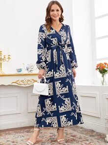 巴洛克風格圖案交疊領燈籠袖繫腰帶洋裝 - 藏蓝色 - 查看 3