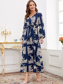 巴洛克風格圖案交疊領燈籠袖繫腰帶洋裝 - 藏蓝色 - 查看 4