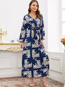 巴洛克風格圖案交疊領燈籠袖繫腰帶洋裝 - 藏蓝色 - 查看 5