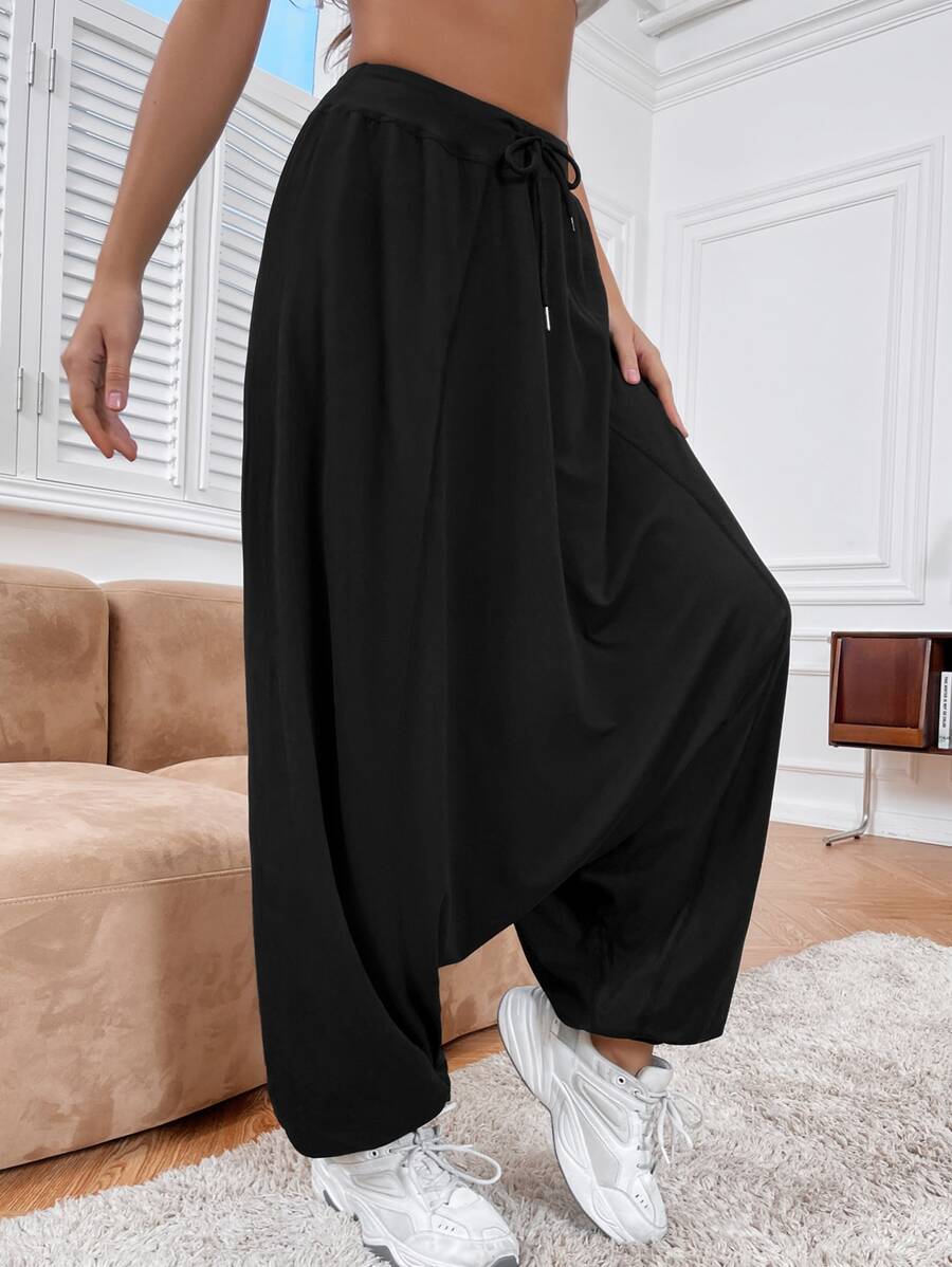 Easithlete Drawstring Waist Drop Crotch Sports Trousers - Black - View 1