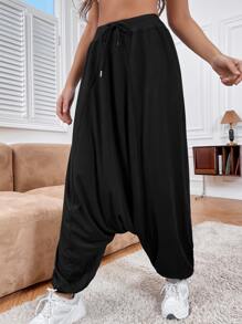 Easithlete Drawstring Waist Drop Crotch Sports Trousers - Black - View 7