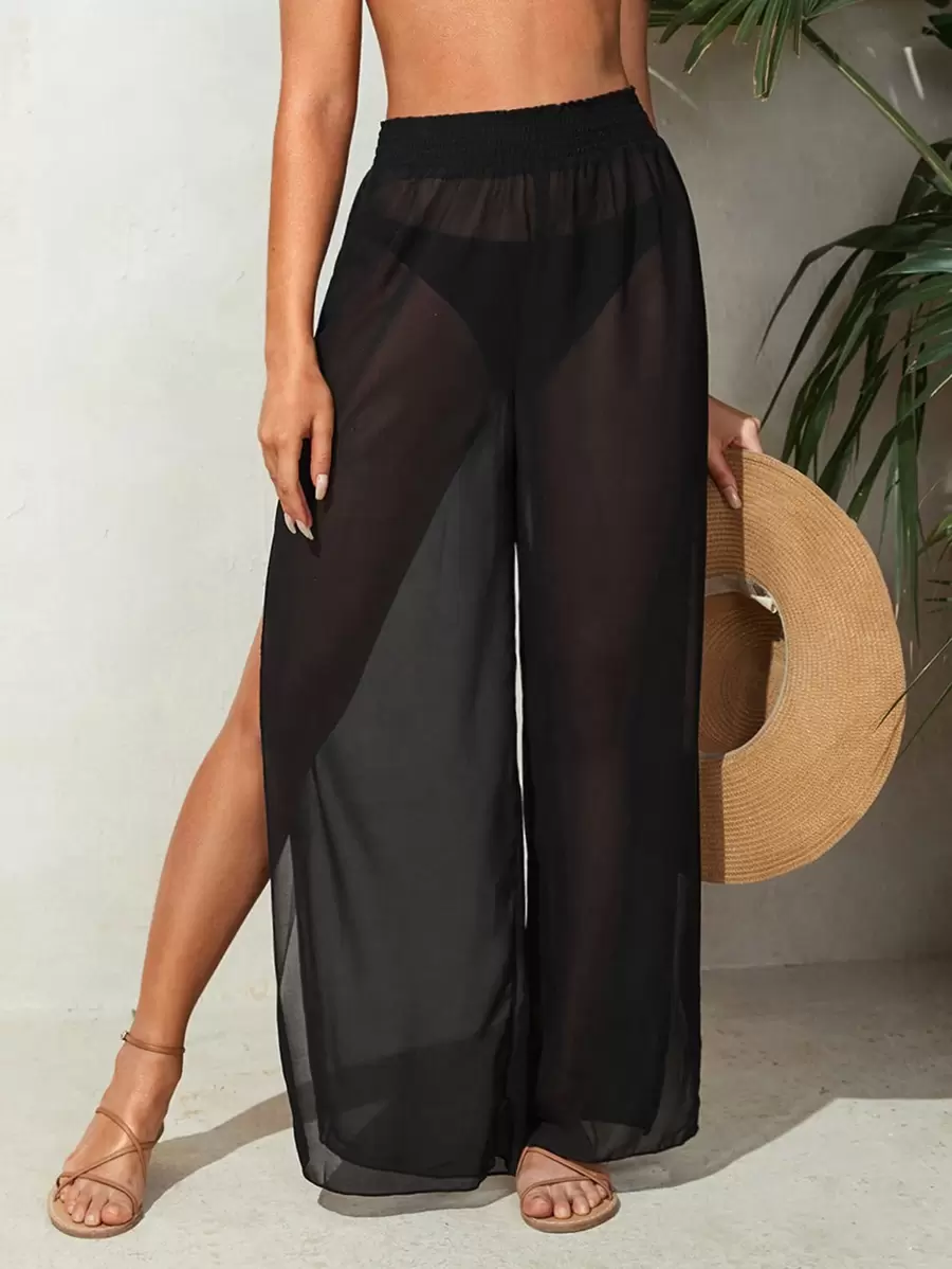 SHEIN Swim Summer Beach Sheer Slit Thigh Cover Up - Black - View 1