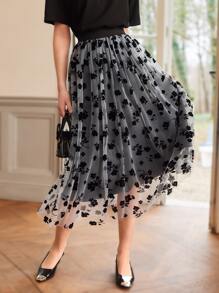 SHEIN Clasi Váy nữ Tương phản Mesh Hoa Thanh lịch - Đen và trắng - Xem 2