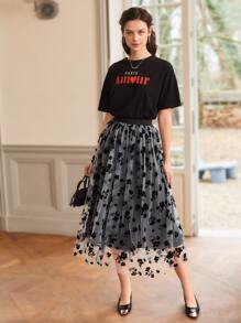 SHEIN Clasi Váy nữ Tương phản Mesh Hoa Thanh lịch - Đen và trắng - Xem 3