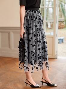 SHEIN Clasi Váy nữ Tương phản Mesh Hoa Thanh lịch - Đen và trắng - Xem 4