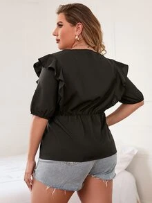 大碼蕾絲拼接荷葉邊荷葉邊下擺襯衫 - 黑色 - 查看 2