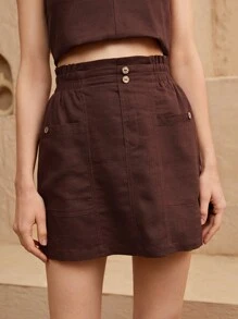 SHEIN EZwear 前口袋假鈕扣紙袋腰半身裙 - 咖啡棕 - 查看 1