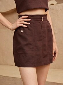 SHEIN EZwear 前口袋假鈕扣紙袋腰半身裙 - 咖啡棕 - 查看 4