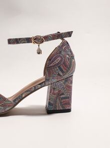 Wide Fit Paisley Pattern Chunky Heeled Ankle Strap Sandals - Dusty Purple - View 2
