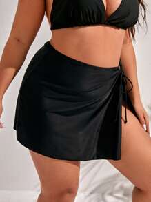 SHEIN Swim Curve Plus Plain Tie Side Cover Up - Black - View 3