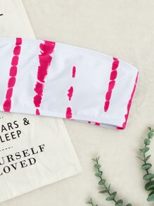 扎染印花抹胸比基尼上衣，适合夏季海滩度假 - 玫紅色 - 查看 5