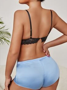 SHEIN Contrast Lace Satin Lingerie Set - Blue - View 2