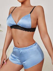SHEIN Contrast Lace Satin Lingerie Set - Blue - View 3