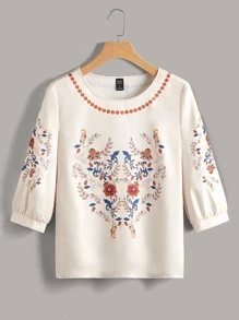 EMERY ROSE Blusa con estampado floral de manga farol - Albaricoque - Ver 1