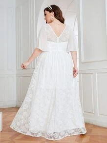 SHEIN Belle Plus Butterfly Sleeve Wrap Maxi Lace Wedding Dress - White - View 2