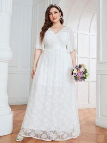 SHEIN Belle Plus Butterfly Sleeve Wrap Maxi Lace Wedding Dress - White - View 3
