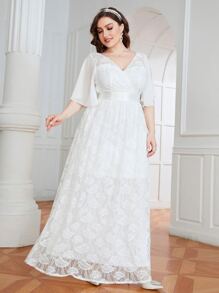 SHEIN Belle Plus Butterfly Sleeve Wrap Maxi Lace Wedding Dress - White - View 4