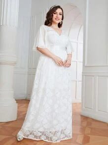 SHEIN Belle Plus Butterfly Sleeve Wrap Maxi Lace Wedding Dress - White - View 5