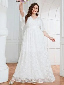 SHEIN Belle Plus Butterfly Sleeve Wrap Maxi Lace Wedding Dress - White - View 6