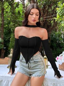 SHEIN ICON Split Cuff Hanky Hem Tee - Black - View 5