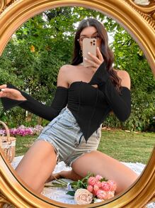 SHEIN ICON Split Cuff Hanky Hem Tee - Black - View 6