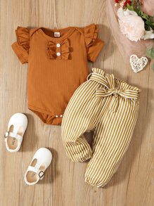 嬰兒荷葉邊連身背心和條紋圖案紙袋腰腰帶長褲 - 彩色 - 查看 1