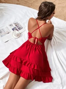 Breezaya Shirred Crisscross Tie Backless Ruffle Hem Dress - Red - View 2
