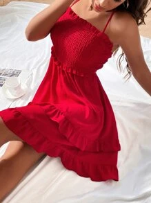 Breezaya Shirred Crisscross Tie Backless Ruffle Hem Dress - Red - View 5
