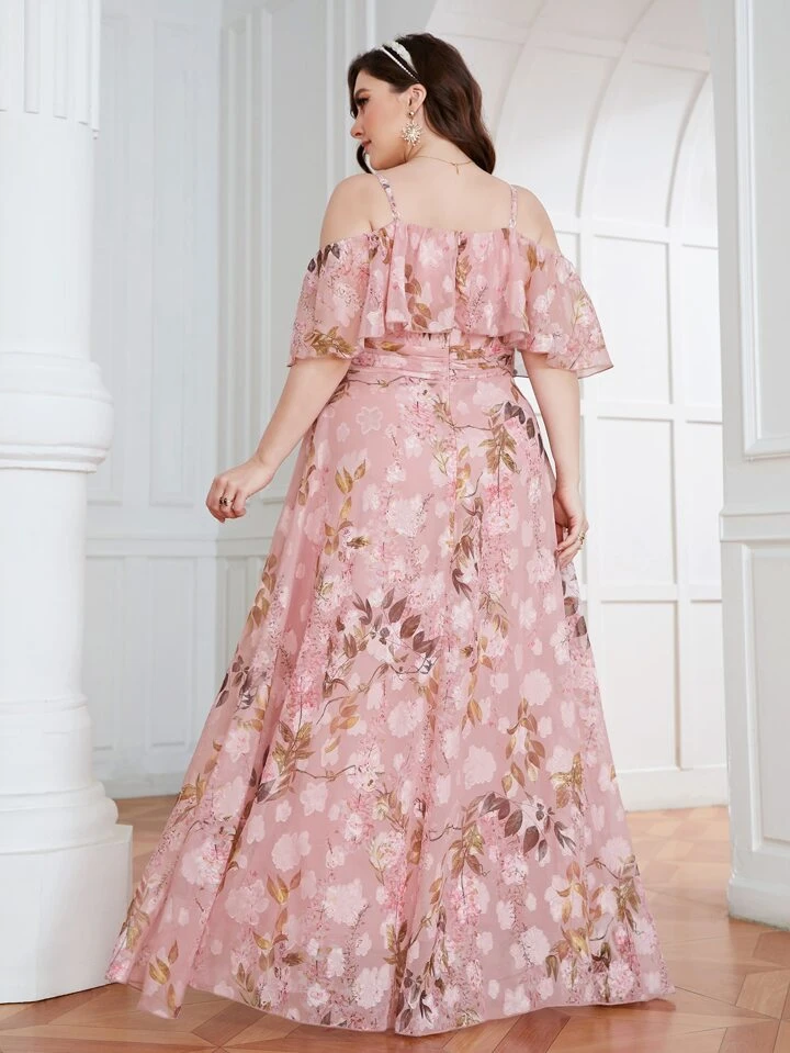 SHEIN Belle プラス 花柄プリント コールドショルダー ハイスプリット 