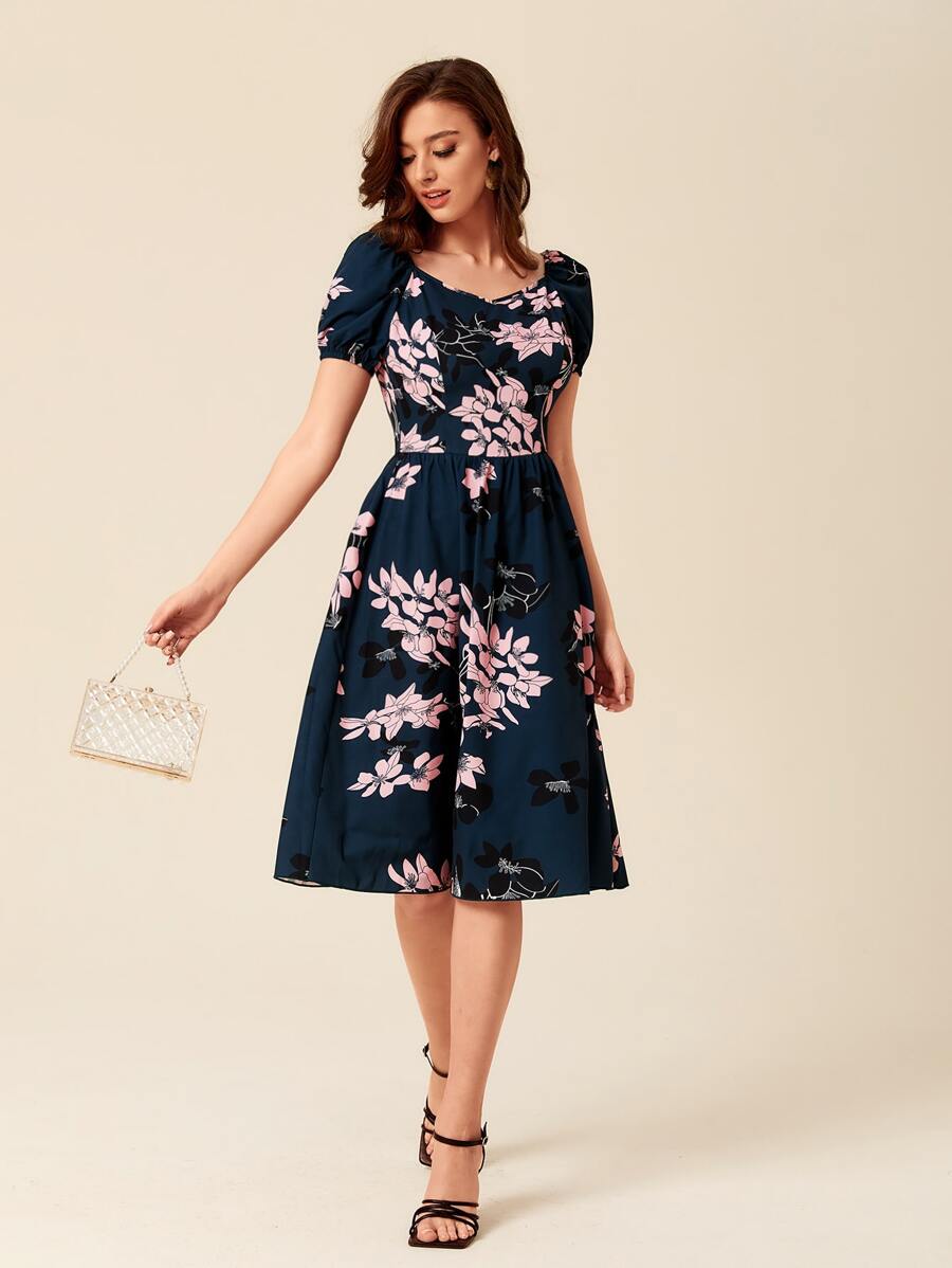 SHEIN Unity Floral Print Puff Sleeve Sweetheart Neck Dress - Multicolor - View 1