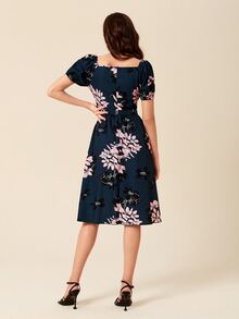 SHEIN Unity Floral Print Puff Sleeve Sweetheart Neck Dress - Multicolor - View 2