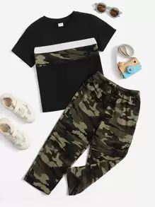 SHEIN Young Boy Toddler Boys Camo Panel Tee & Drawstring Waist Pants