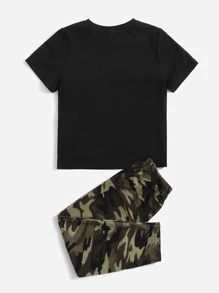 SHEIN Young Boy Toddler Boys Camo Panel Tee & Drawstring Waist Pants