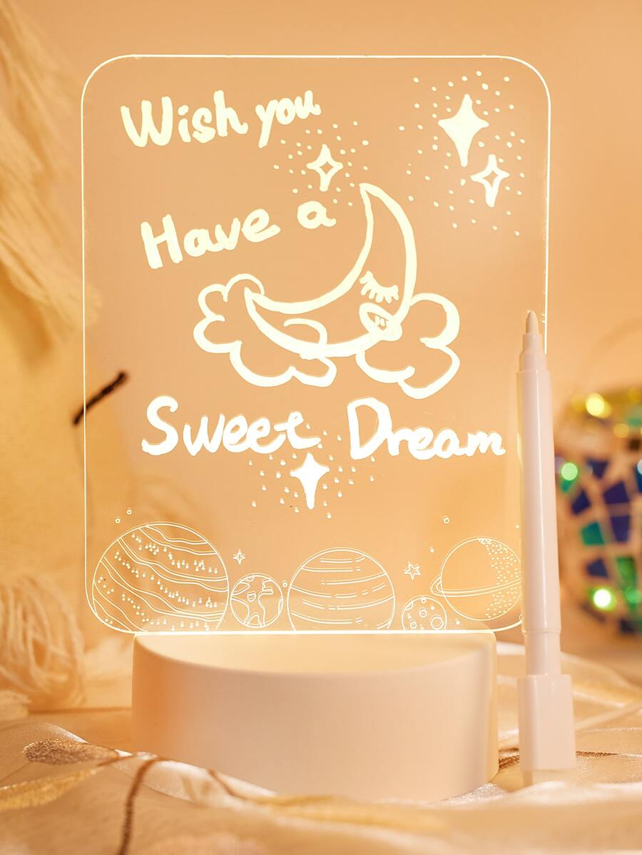 1 pieza Tablero de escritura iluminado 3D con bolígrafo borrable, luz de noche pequeña con alimentación USB, lámpara decorativa, luz de escritorio, lámpara LED creativa - Amarillo - Ver 1