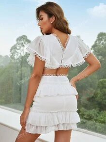 Eilly Bazar Guipure Lace Trim Butterfly Sleeve Cut Out Waist Ruffle Hem Dress