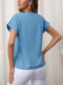 SHEIN LUNE Rolled Cuff Batwing Sleeve Blouse - Blue - View 2
