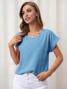 SHEIN LUNE Rolled Cuff Batwing Sleeve Blouse - Blue - View 3