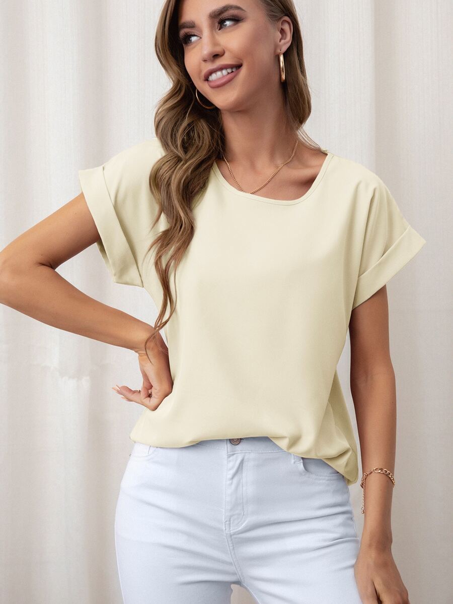 SHEIN LUNE Rolled Cuff Batwing Sleeve Blouse - Apricot - View 1