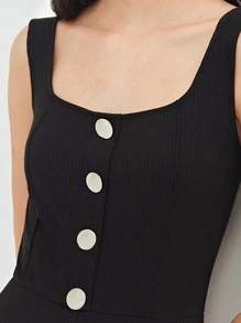 SHEIN Unity 再生滌羅紋無袖連體褲 - 黑色 - 查看 4