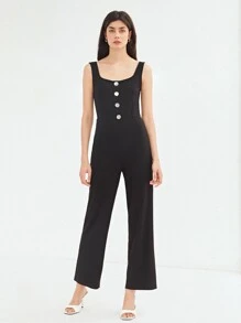 SHEIN Unity 再生滌羅紋無袖連體褲 - 黑色 - 查看 6