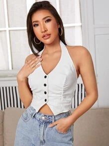SHEIN EZwear Asymmetrical Hem Backless Crop Halter Top - White - View 1