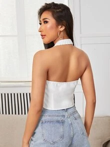 SHEIN EZwear Asymmetrical Hem Backless Crop Halter Top - White - View 2