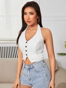 SHEIN EZwear Asymmetrical Hem Backless Crop Halter Top - White - View 3
