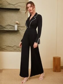 SHEIN Privé Contrast Trim Split Hem Jumpsuit Workwear - Black - View 1