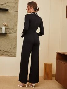 SHEIN Privé Contrast Trim Split Hem Jumpsuit Workwear - Black - View 2