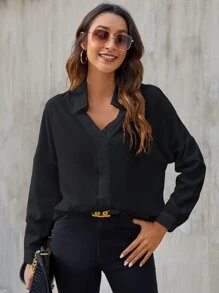 素色落肩袖襯衫 - 黑色 - 查看 1