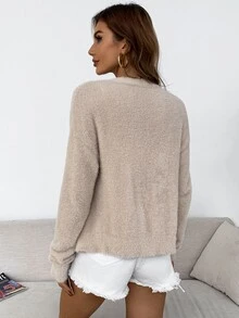 AAmilife Drop Shoulder Fuzzy Cardigan - Khaki - View 2