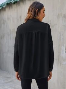 素色落肩袖襯衫 - 黑色 - 查看 2
