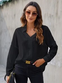 素色落肩袖襯衫 - 黑色 - 查看 4